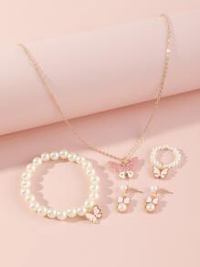 女孩5入組珍珠和蝴蝶裝飾首飾套裝