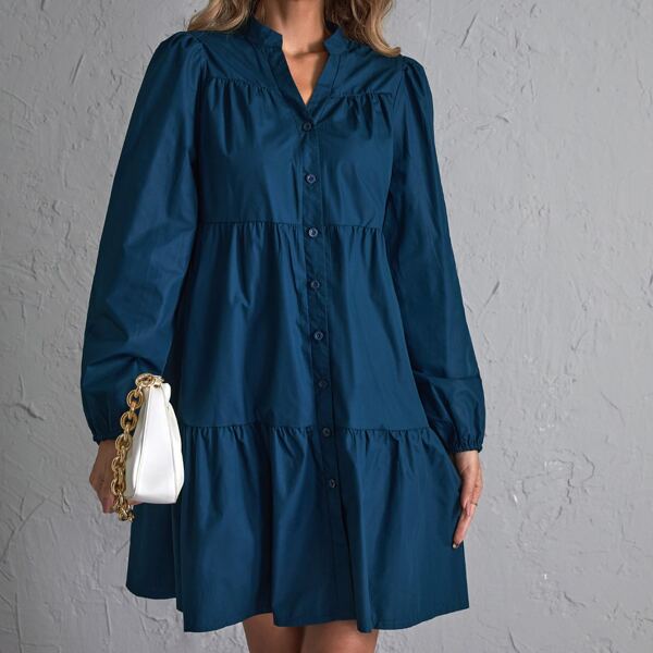 

Lantern Sleeve Ruffle Hem Smock Dress, Navy blue