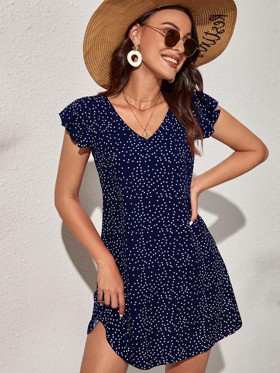 SHEIN VCAY 波卡圓點V領荷葉邊連衣裙 - 寶藍色 - 查看 1