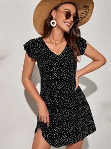 SHEIN VCAY Polka Dot V-neck Ruffle Trim Dress - Black - View 1