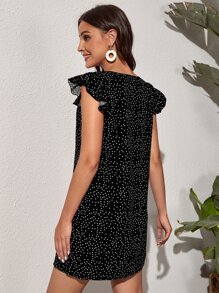 SHEIN VCAY Polka Dot V-neck Ruffle Trim Dress - Black - View 2