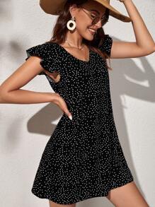 SHEIN VCAY Polka Dot V-neck Ruffle Trim Dress - Black - View 4