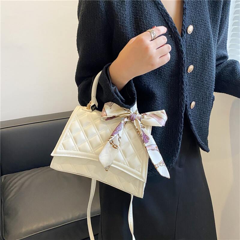 

Minimalist Quilted Scarf Decor Satchel Bag, White