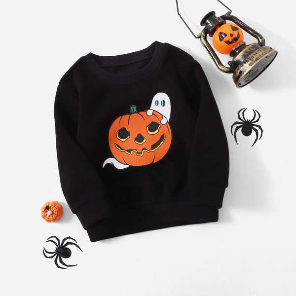 

Toddler Boys Halloween Pumpkin And Ghost Print Pullover, Black