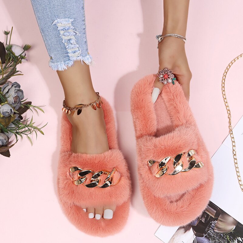 

Chain Decor Fluffy Slippers, Coral pink