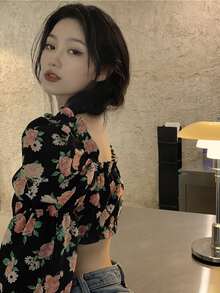 滿身花卉褶邊女僕風短款上衣 - 彩色 - 查看 2