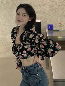 滿身花卉褶邊女僕風短款上衣 - 彩色 - 查看 3