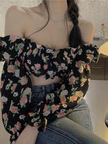 滿身花卉褶邊女僕風短款上衣 - 彩色 - 查看 4