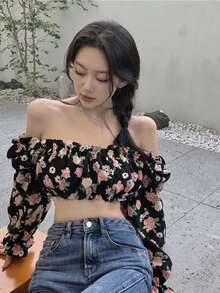 滿身花卉褶邊女僕風短款上衣 - 彩色 - 查看 5