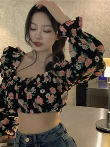 滿身花卉褶邊女僕風短款上衣 - 彩色 - 查看 7