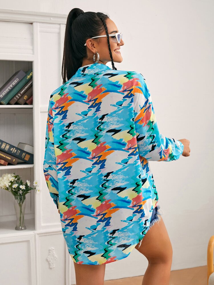 SHEIN Áo sơ mi Cao thấp Nút phía trước Tất cả trên in Giải trí - Nhiều màu - Xem 2