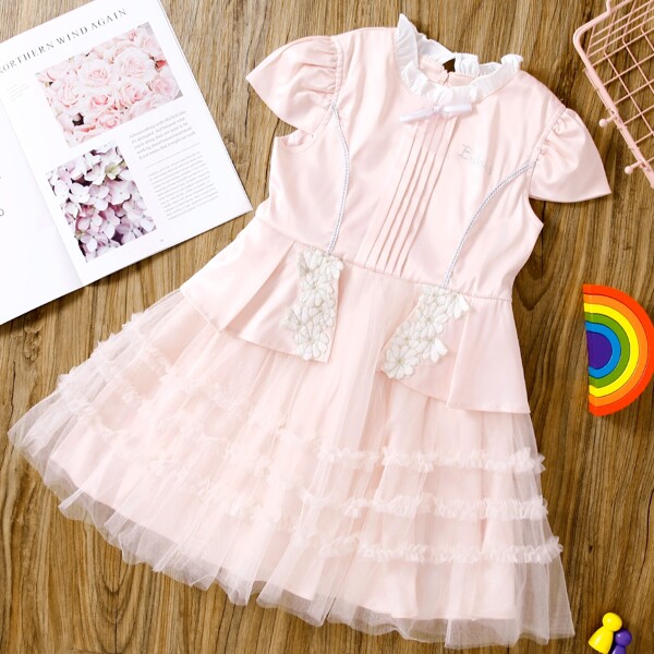 

Girls Ruffle Neck Cap Sleeve Applique Mesh Hem Dress, Pink
