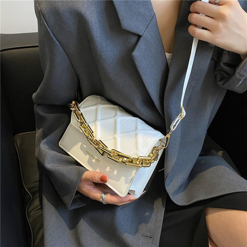 

Minimalist Embossed Chain Flap Satchel Bag, White