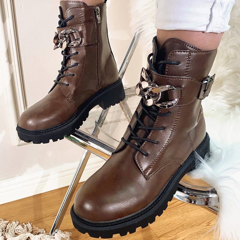 

Metal Decor Buckle Detail Lace-Up Front Boots, Brown