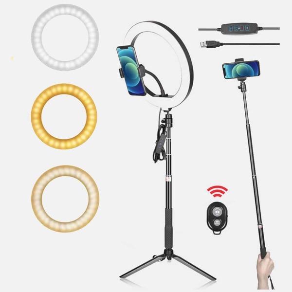 

10 Inch Bluetooth Ring Fill Light With Phone Tripod Holder, Black
