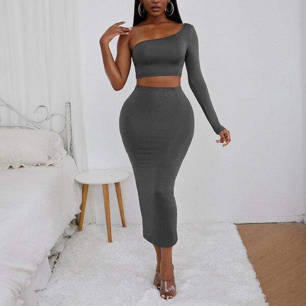 

Solid One Shoulder Crop Top & Pencil Skirt, Dark grey