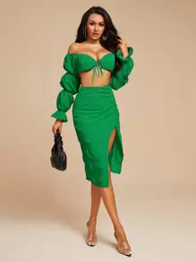 SHEIN SXY 前打結收褶袖上衣和高衩半身裙套裝