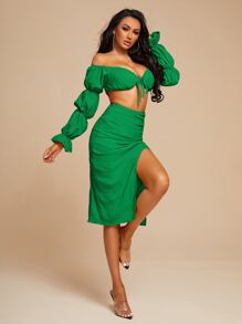 SHEIN SXY 前打結收褶袖上衣和高衩半身裙套裝