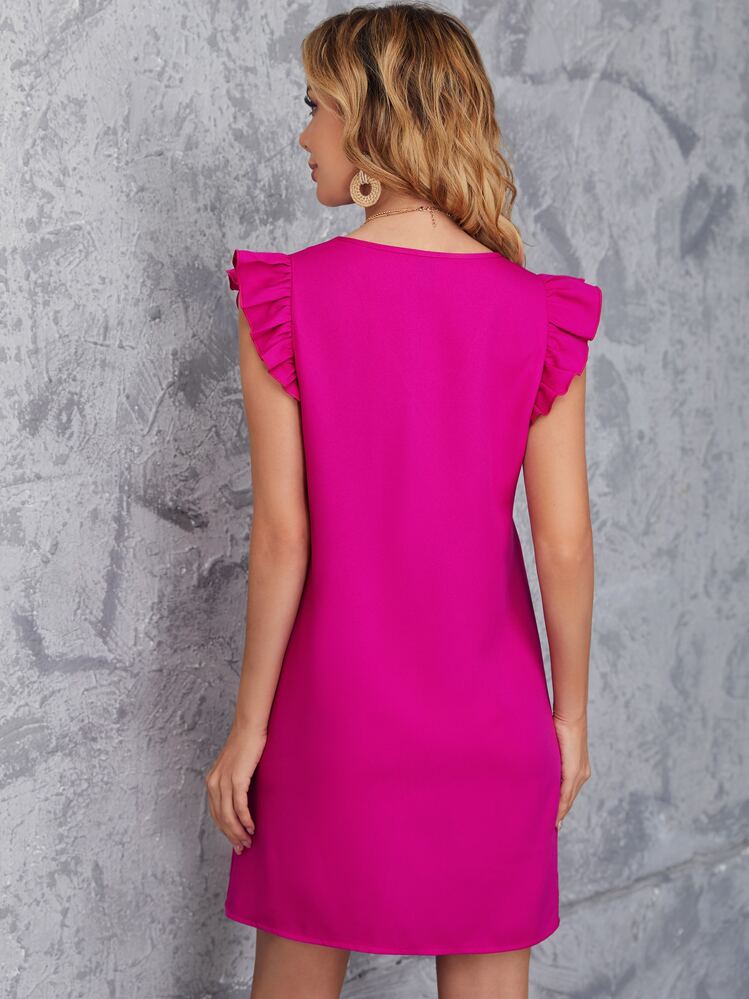 SHEIN Clasi Ruffle Armhole Solid Tunic Dress - Hot Pink - View 2
