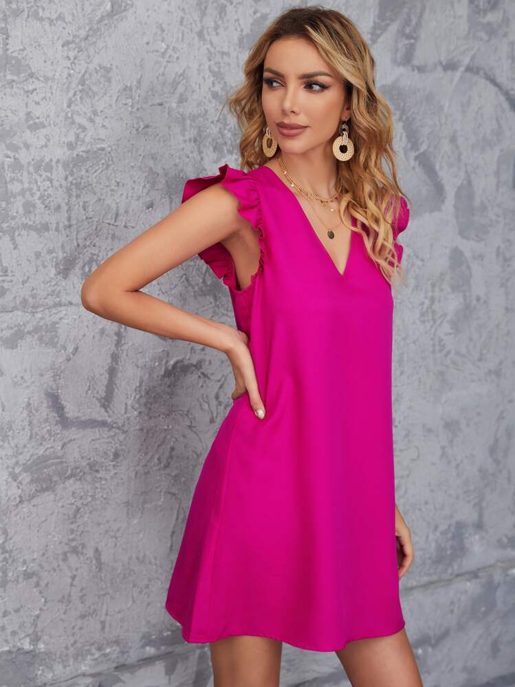 SHEIN Clasi Ruffle Armhole Solid Tunic Dress - Hot Pink - View 3