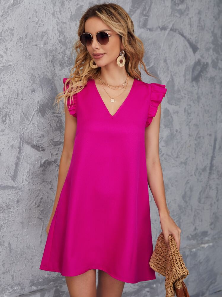 SHEIN Clasi Ruffle Armhole Solid Tunic Dress - Hot Pink - View 5