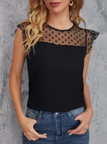 SHEIN Clasi Ruffle Trim Dobby Sheer Mesh Yoke Top - Black - View 1