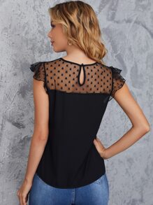 SHEIN Clasi Ruffle Trim Dobby Sheer Mesh Yoke Top - Black - View 2
