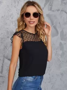 SHEIN Clasi Ruffle Trim Dobby Sheer Mesh Yoke Top - Black - View 4