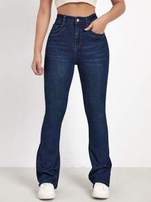 SHEIN Essnce High Waist Bleach Wash Flare Leg Jeans - Dark Wash - View 1