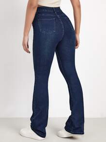 SHEIN Essnce High Waist Bleach Wash Flare Leg Jeans - Dark Wash - View 2