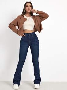 SHEIN Essnce High Waist Bleach Wash Flare Leg Jeans - Dark Wash - View 3