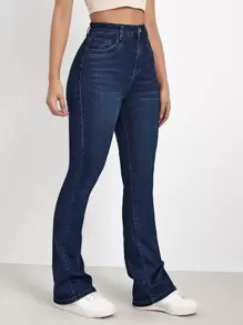 SHEIN Essnce High Waist Bleach Wash Flare Leg Jeans - Dark Wash - View 4