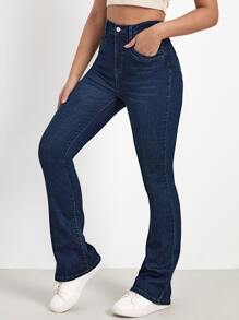 SHEIN Essnce High Waist Bleach Wash Flare Leg Jeans - Dark Wash - View 5
