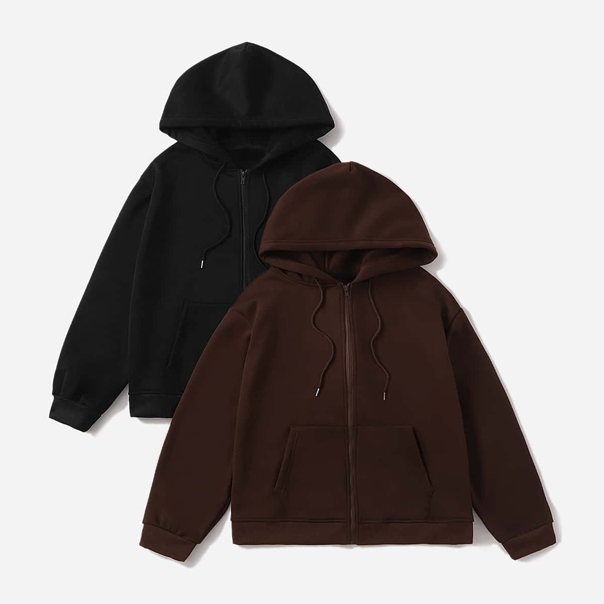 

2pcs Solid Zip Up Drawstring Hoodie, Multicolor