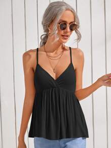 SHEIN VCAY Overlap Collar Peplum Hem Cami Top - Black - View 5