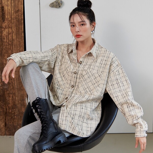 

Plaid Print Drop Shoulder Blouse, Beige