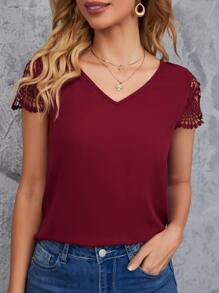 SHEIN Clasi V Neck Contrast Guipure Lace Panel Blouse