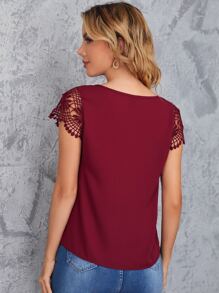 SHEIN Clasi V Neck Contrast Guipure Lace Panel Blouse