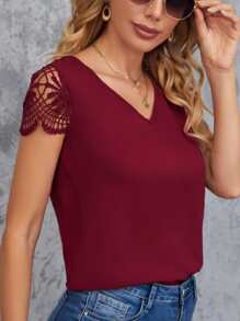 SHEIN Clasi V Neck Contrast Guipure Lace Panel Blouse