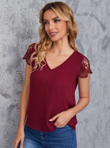 SHEIN Clasi V Neck Contrast Guipure Lace Panel Blouse