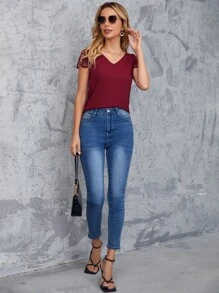 SHEIN Clasi V Neck Contrast Guipure Lace Panel Blouse