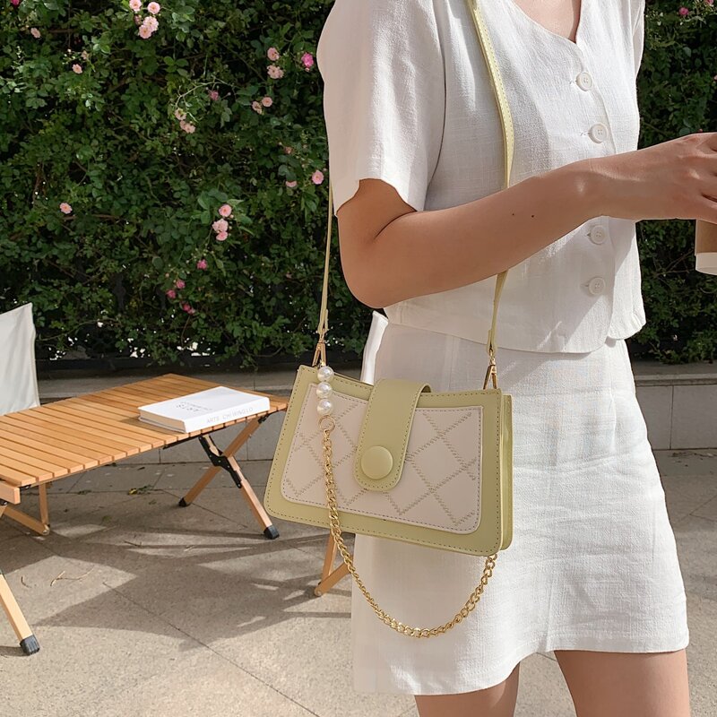 

Two Tone Faux Pearl Decor Chain Shoulder Bag, Yellow