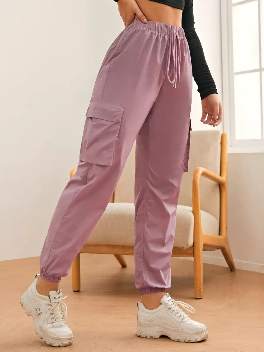 SHEIN Drawstring Flap Pocket Cargo Pants - Dusty Pink - View 1