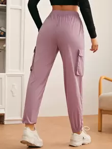 SHEIN Drawstring Flap Pocket Cargo Pants - Dusty Pink - View 2