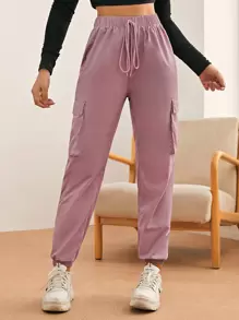 SHEIN Drawstring Flap Pocket Cargo Pants - Dusty Pink - View 3