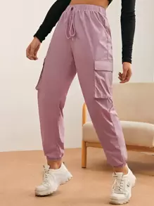 SHEIN Drawstring Flap Pocket Cargo Pants - Dusty Pink - View 4