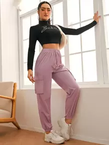 SHEIN Drawstring Flap Pocket Cargo Pants - Dusty Pink - View 5