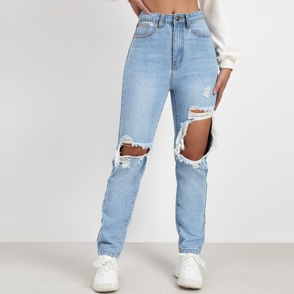 

Light Washed Ripped Straight Jeans, Light wash