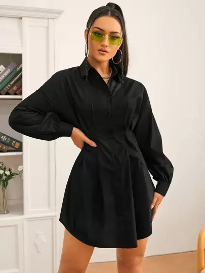 SHEIN Solid Color Pleated Shirt Dress