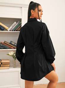 SHEIN EZwear Drop Shoulder Fold Pleated Solid Shirt Dress - Black - View 2